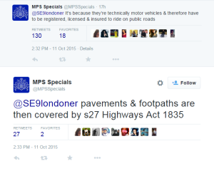 "It's because they're technically motor vehicles & therefore have to be registered, licensed & insured to ride on public roads."